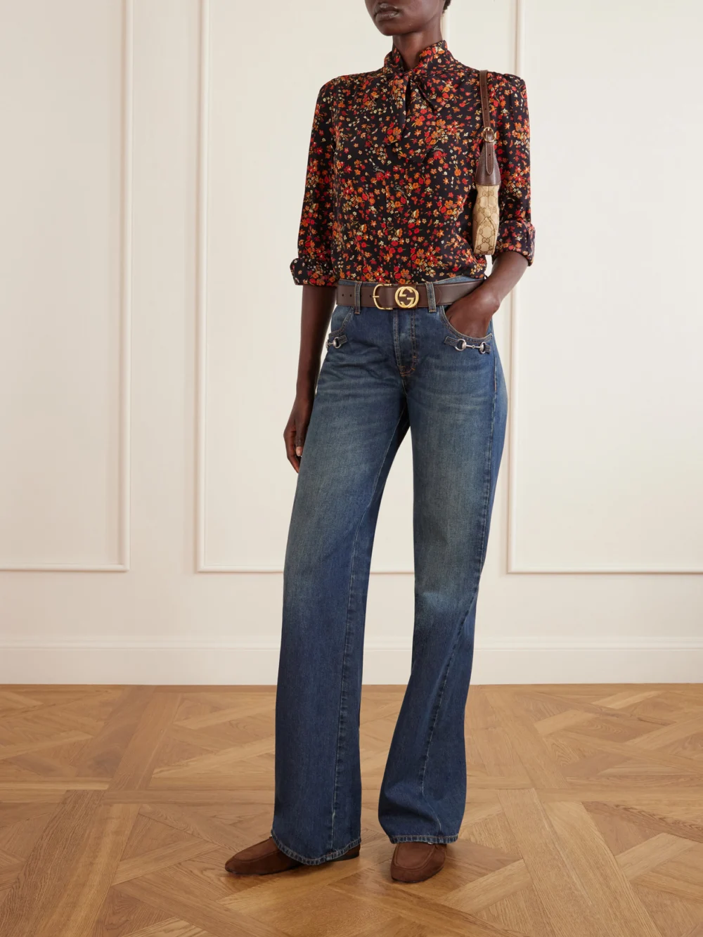 Gucci Jordaan Horsebit-embellished Suede Loafers, styled view