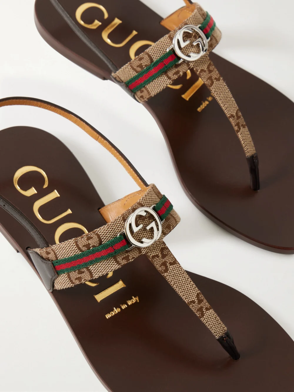 Close-up detail of the Gucci Kika Logo-embellished Webbing and Leather-trimmed Canvas-jacquard Sandals