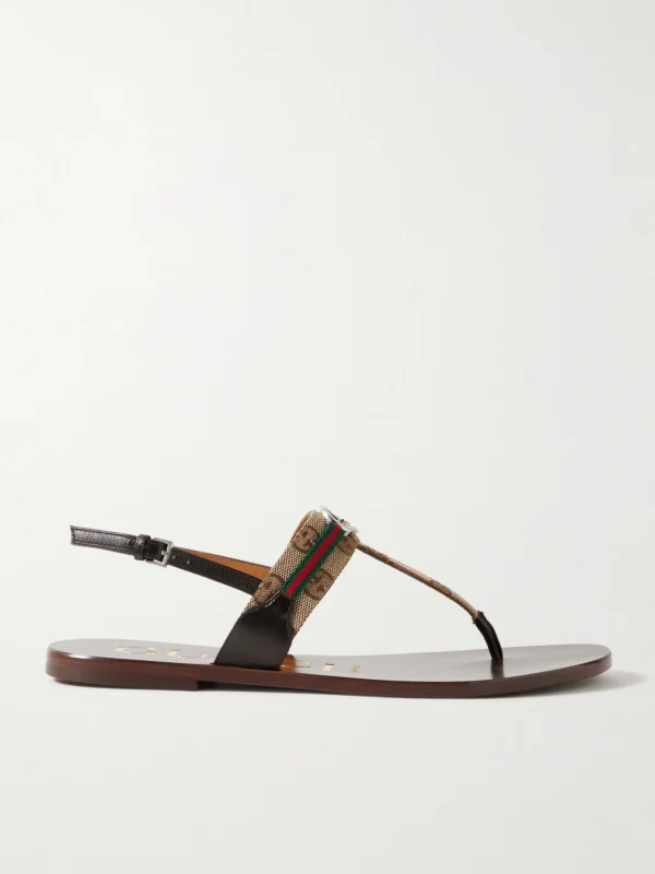 Gucci Kika Logo-embellished Webbing and Leather-trimmed Canvas-jacquard Sandals