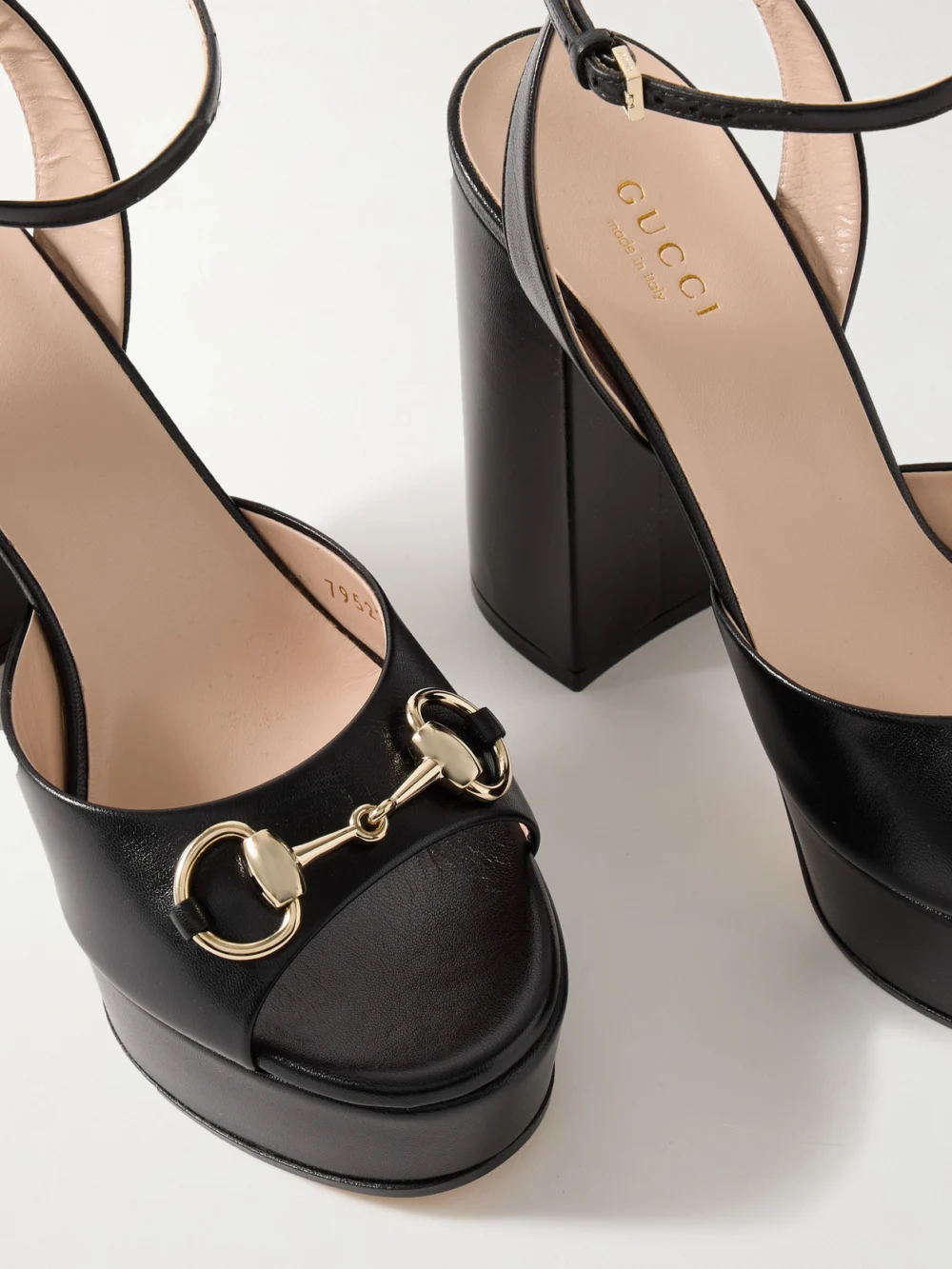 Close-up detail of the Gucci Lady Horsebit-detailed Leather Platform Sandals