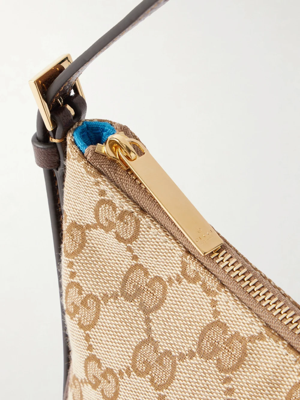 Close-up detail of the Gucci Lady Lunetta Leather-trimmed Canvas-jacquard Shoulder Bag
