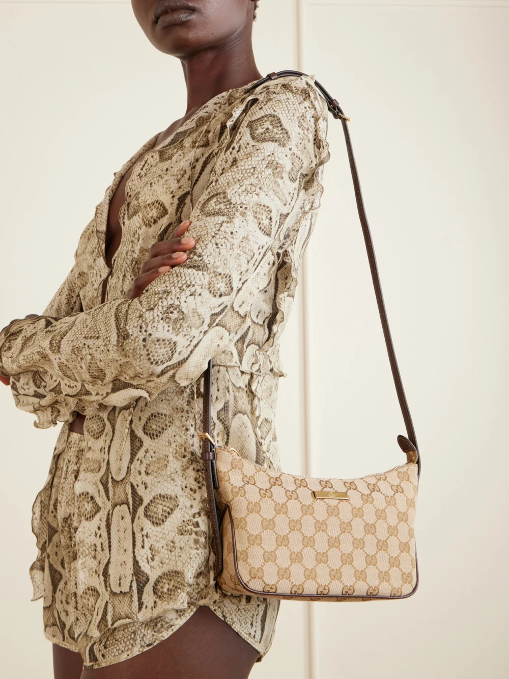 Gucci Lady Lunetta Leather-trimmed Canvas-jacquard Shoulder Bag, styled view