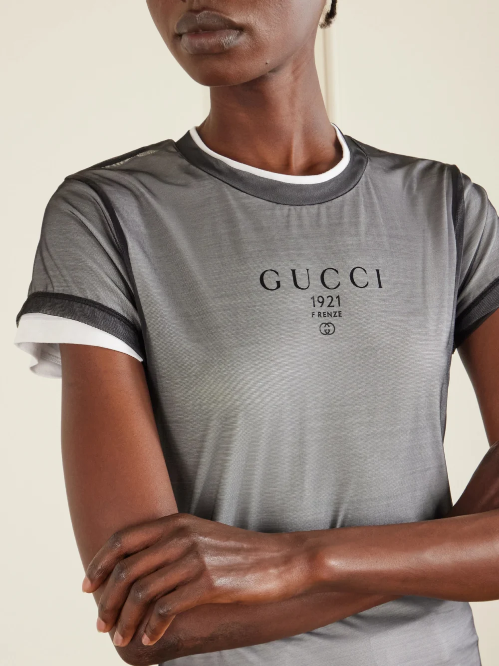 Close-up detail of the Gucci Layered Printed Tulle and Cotton and Modal-blend Jersey T-shirt