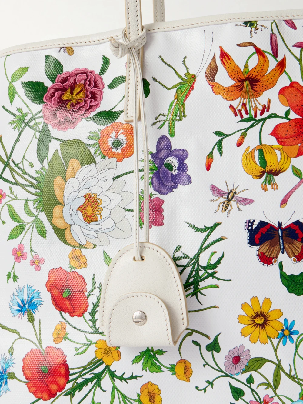 Close-up detail of the Gucci Leather-trimmed Floral-print Coated-canvas Tote