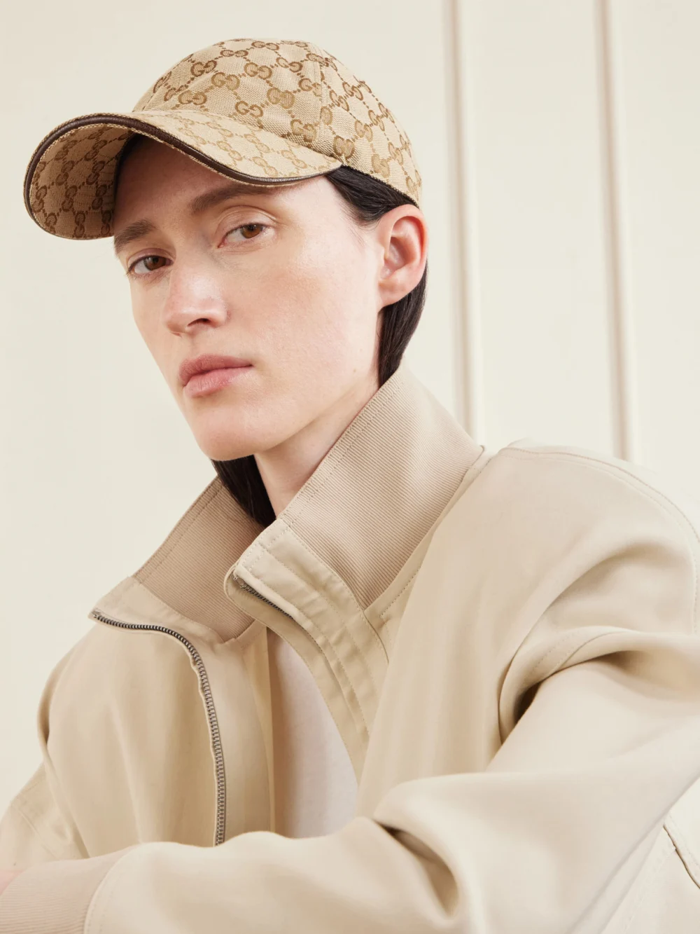 Gucci Leather-trimmed Jacquard Canvas Baseball Cap, styled view