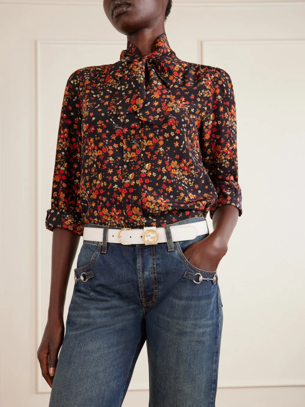 Gucci Logo-embellished Leather Belt, styled view