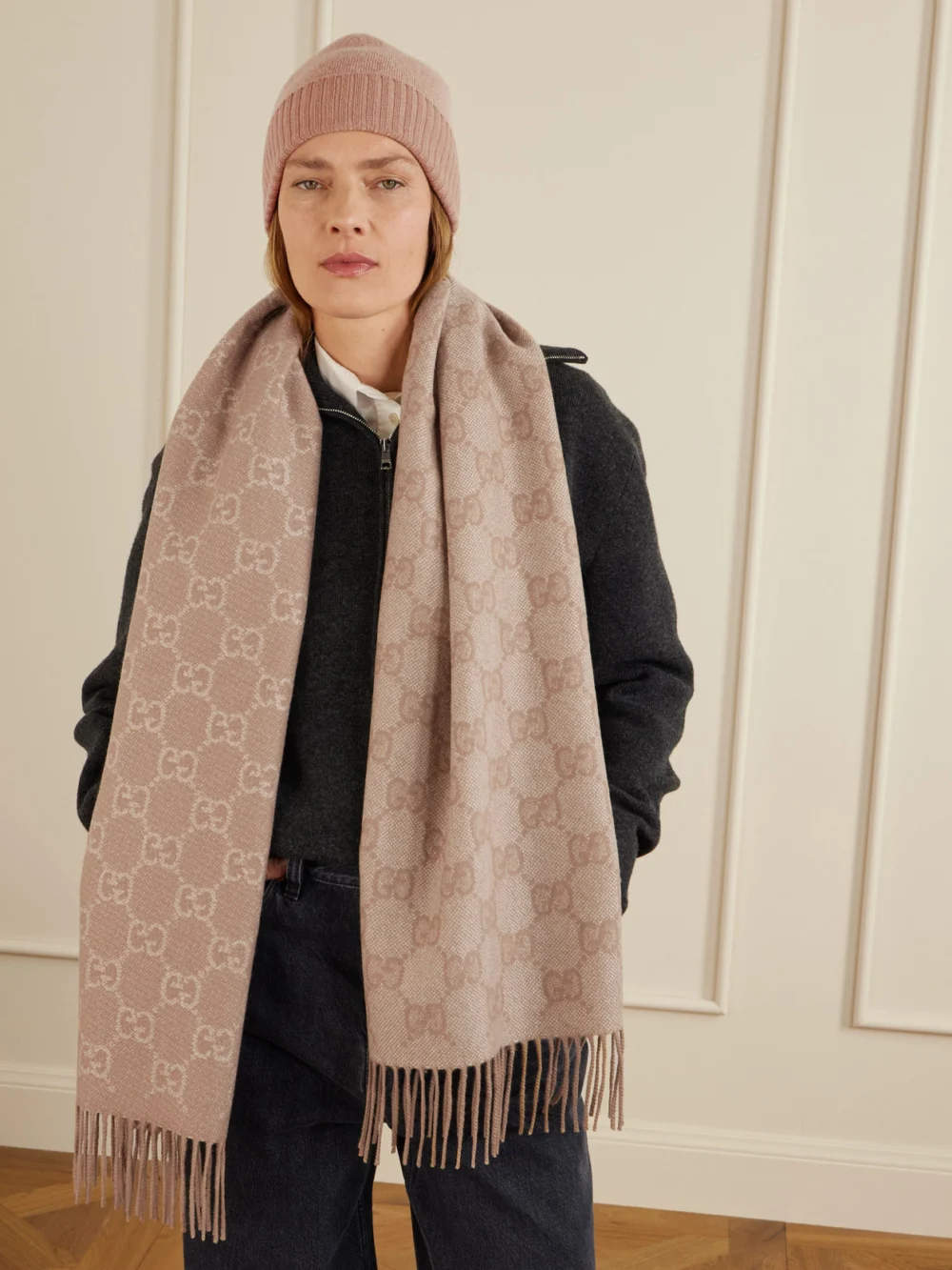 Gucci Logo-jacquard Cashmere-blend Beanie, styled view