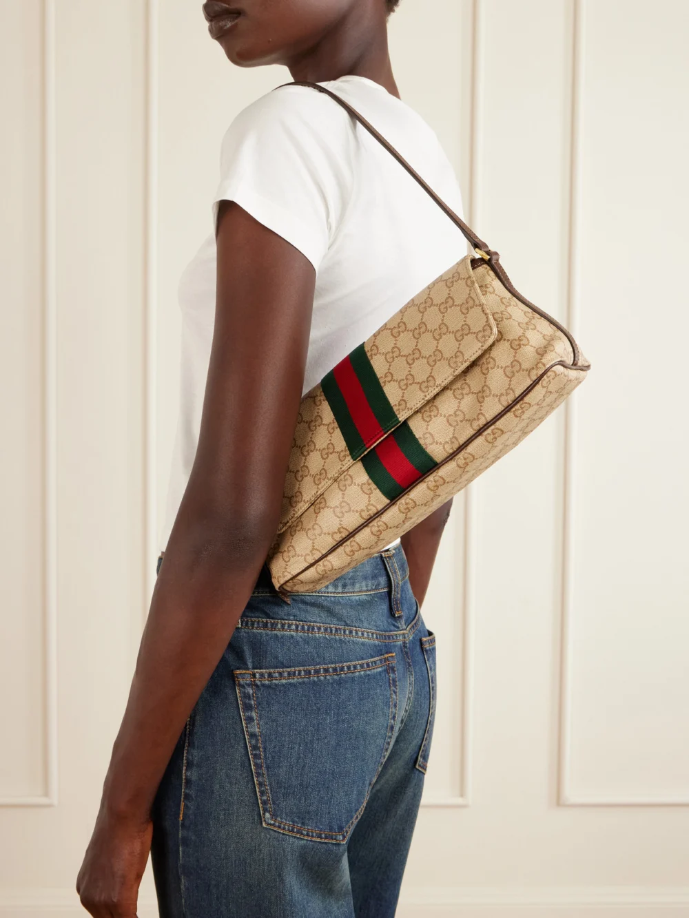 Gucci Madison Leather-trimmed Coated Canvas-jacquard Shoulder Bag, styled view