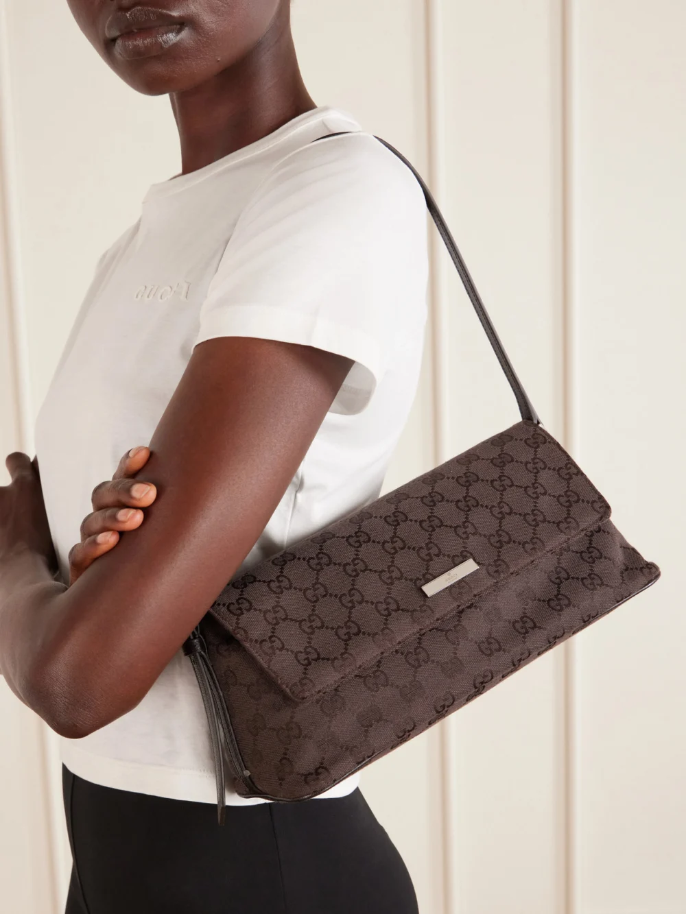 Gucci Madison Leather-trimmed Coated Canvas-jacquard Shoulder Bag, styled view
