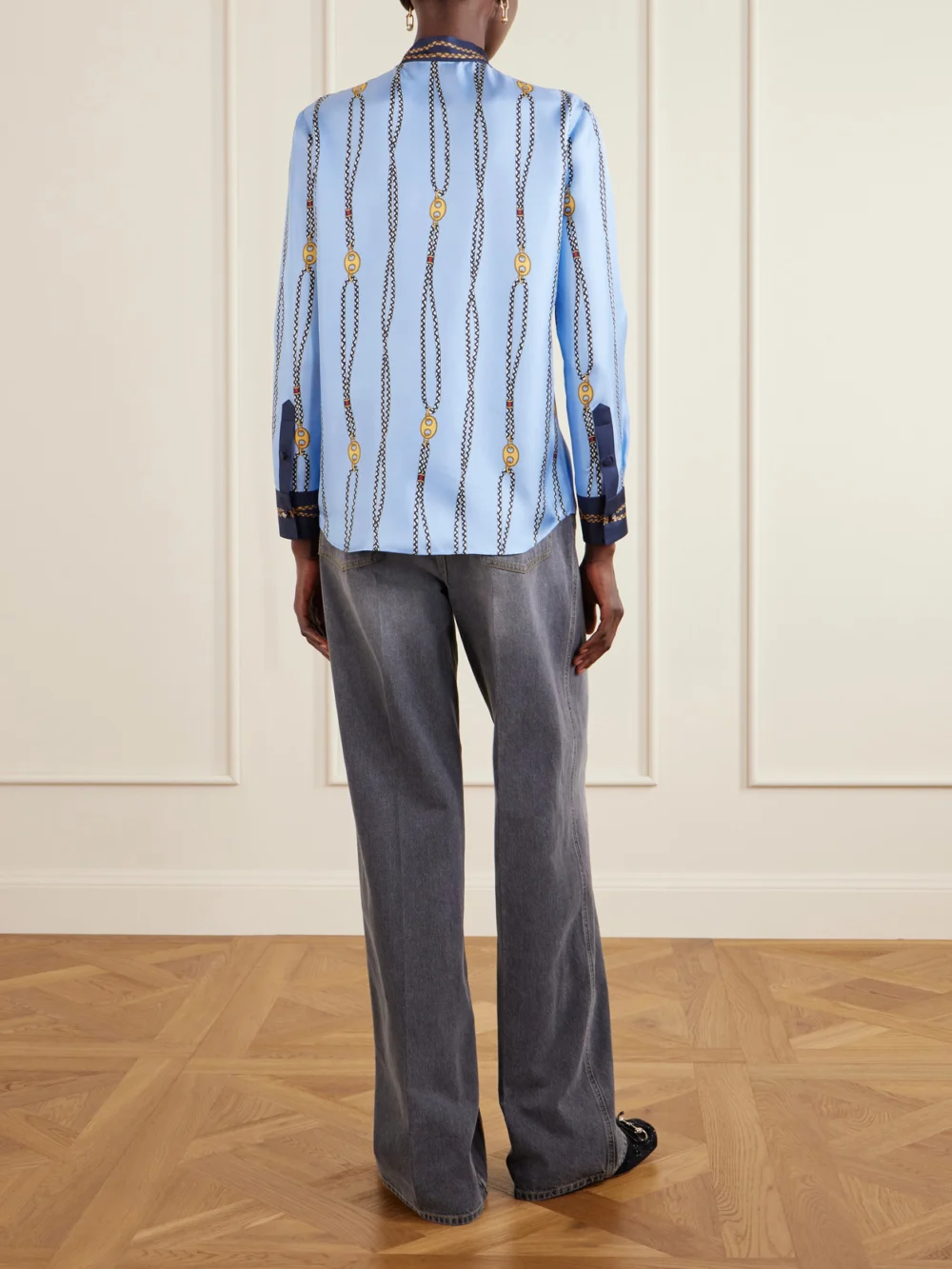 Back view of the Gucci Marina Waves Pussy-bow Printed Silk-twill Shirt