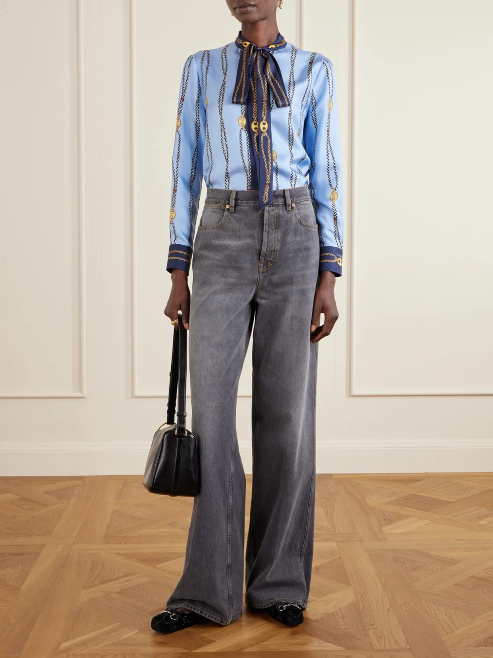 Gucci Marina Waves Pussy-bow Printed Silk-twill Shirt, worn by a model