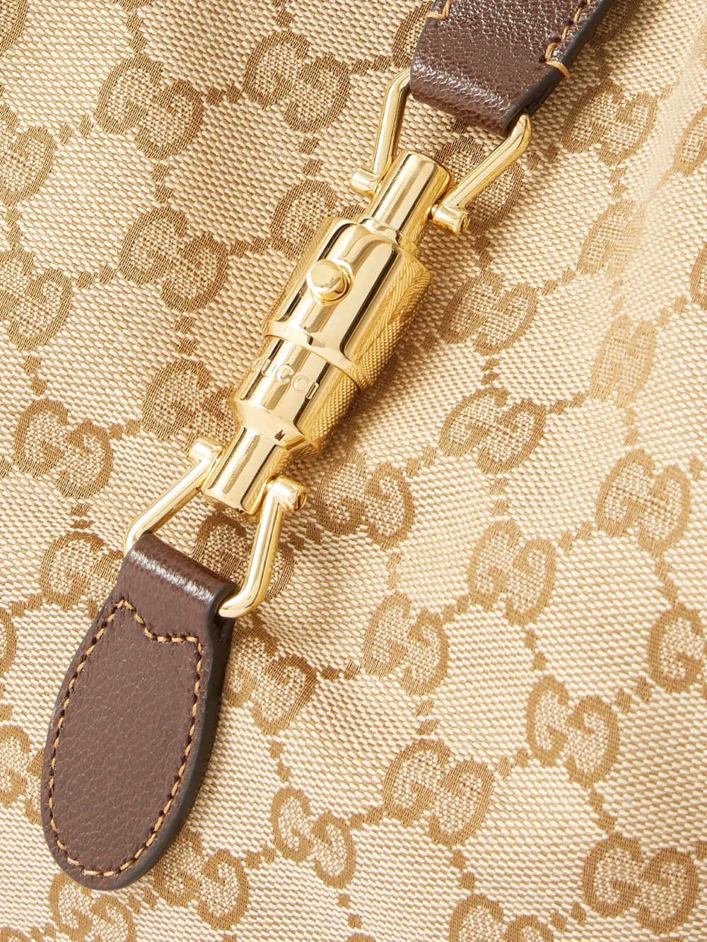 Close-up detail of the Gucci Mercato Medium Leather-trimmed Canvas-jacquard Shoulder Bag