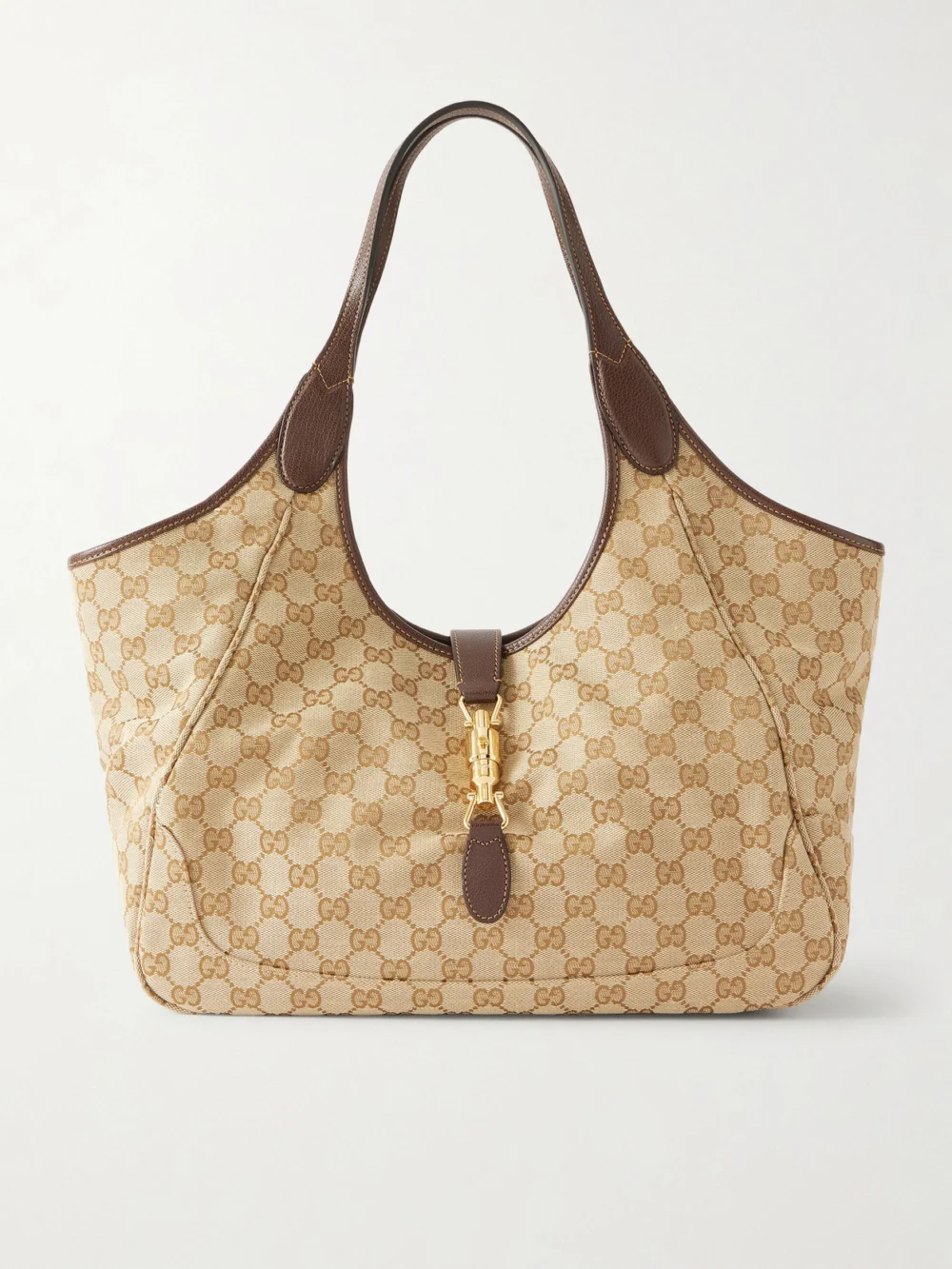 Gucci Mercato Medium Leather-trimmed Canvas-jacquard Shoulder Bag in beige