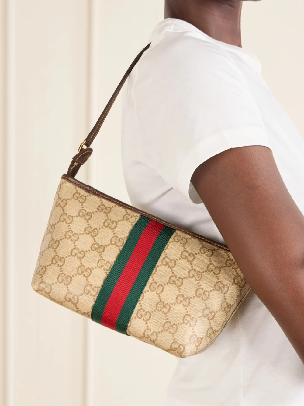 Gucci Mini Leather-trimmed Coated Canvas-jacquard Shoulder Bag, styled view