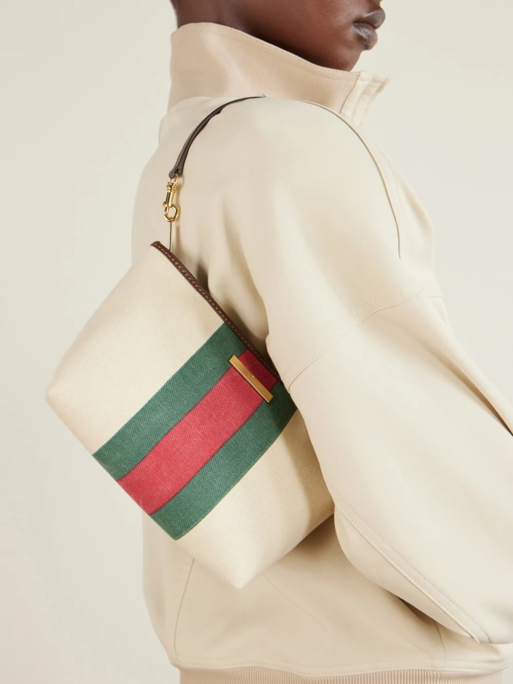 Gucci Mini Leather-trimmed Coated-canvas Shoulder Bag, styled view