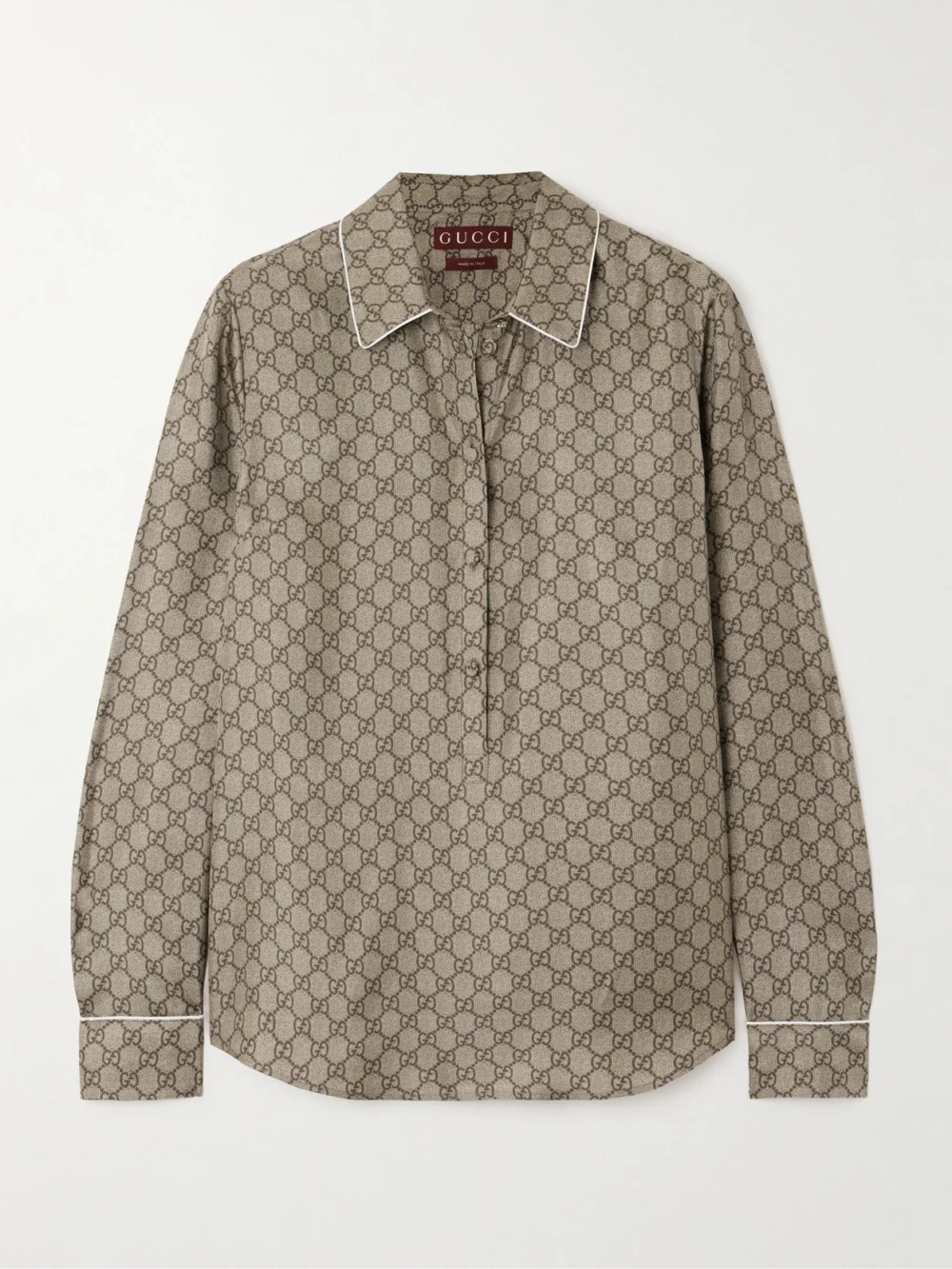 Gucci Monogram-print Silk-satin Shirt in camel