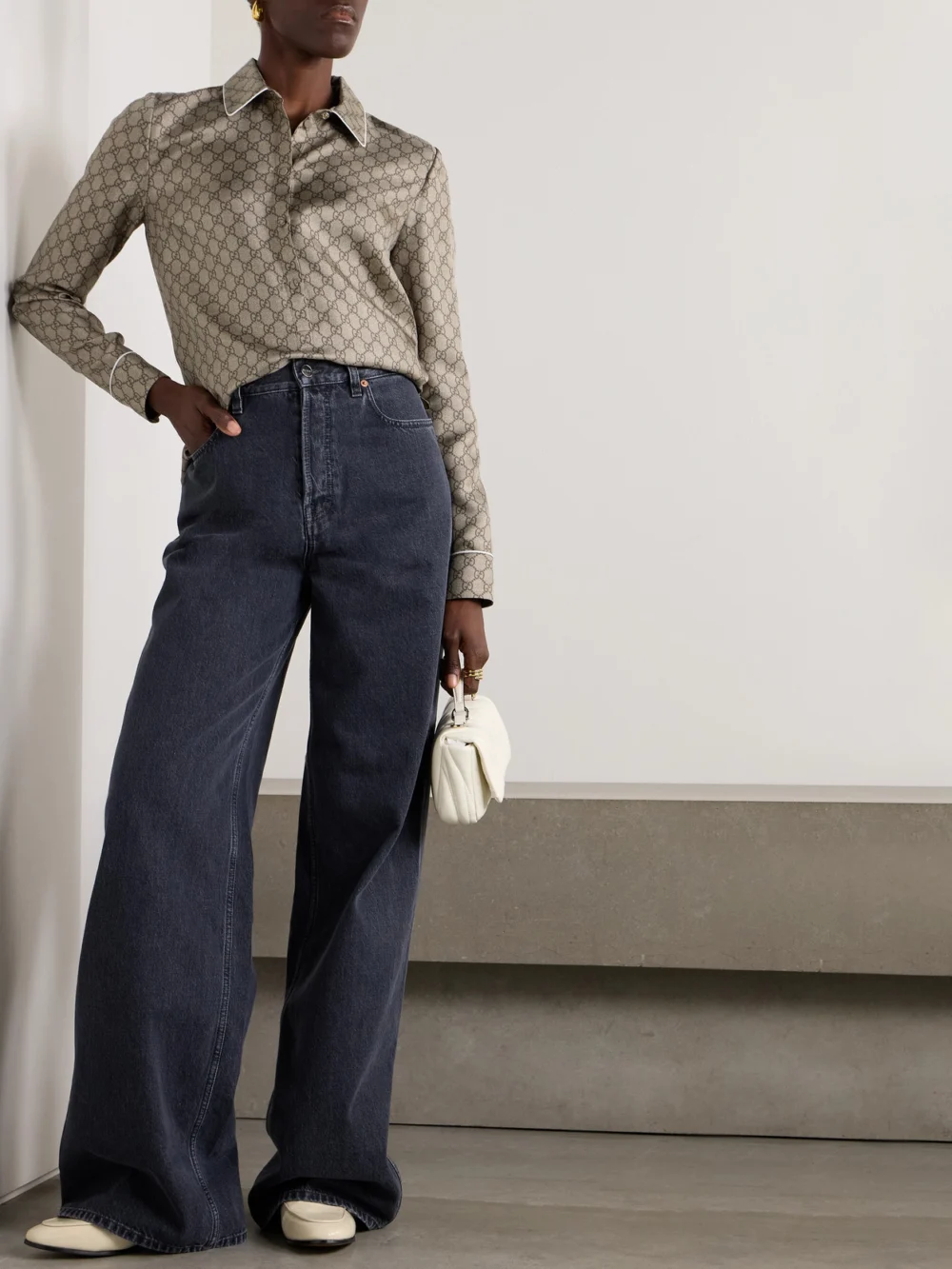 Gucci Monogram-print Silk-satin Shirt, worn by a model
