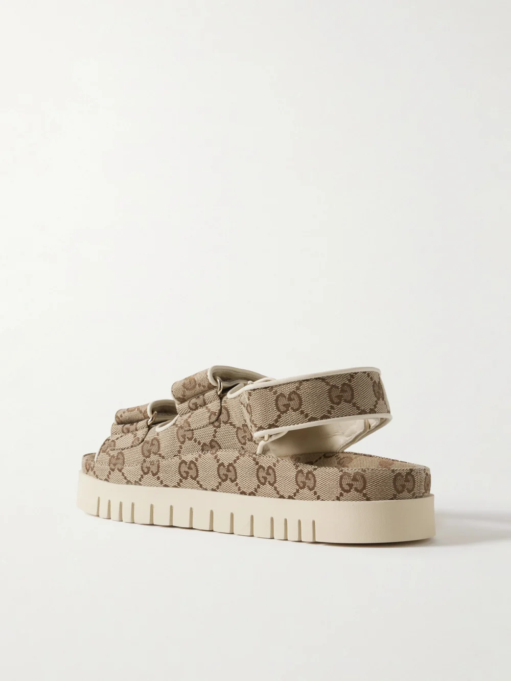 Back view of the Gucci New Marmont Leather-trimmed Embellished Canvas-jacquard Platform Sandals