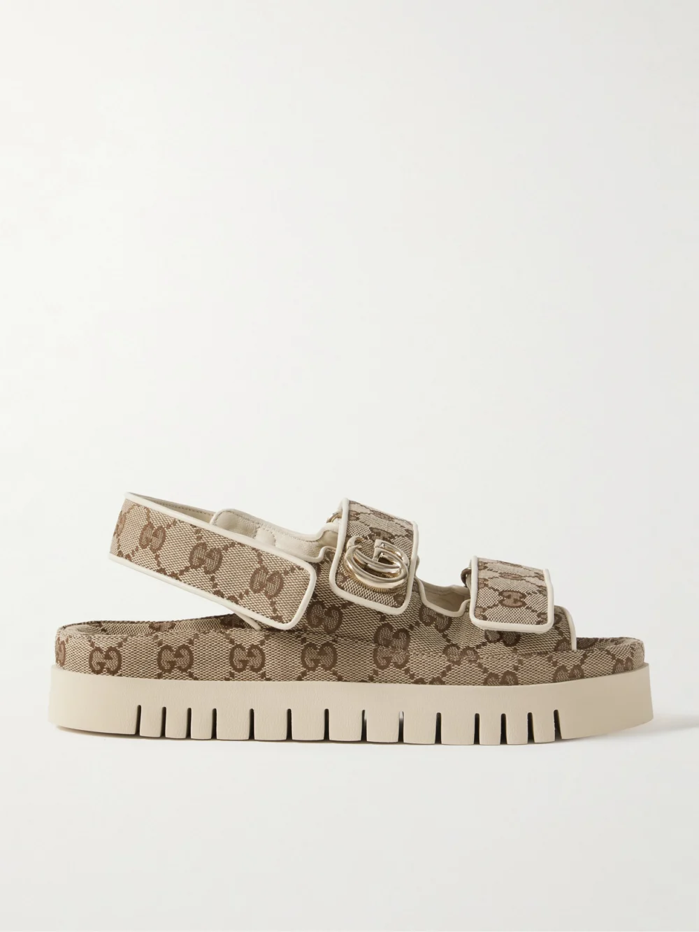 Gucci New Marmont Leather-trimmed Embellished Canvas-jacquard Platform Sandals in beige