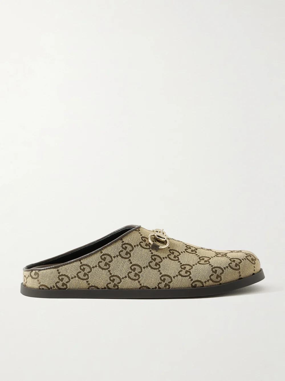 Gucci New Sol Horsebit-detailed Leather-trimmed Canvas-jacquard Slippers in beige