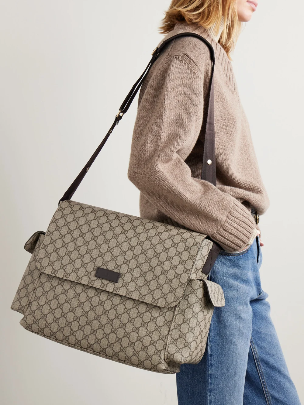 Gucci Ophidia Coated Canvas-jacquard Diaper Bag, styled view