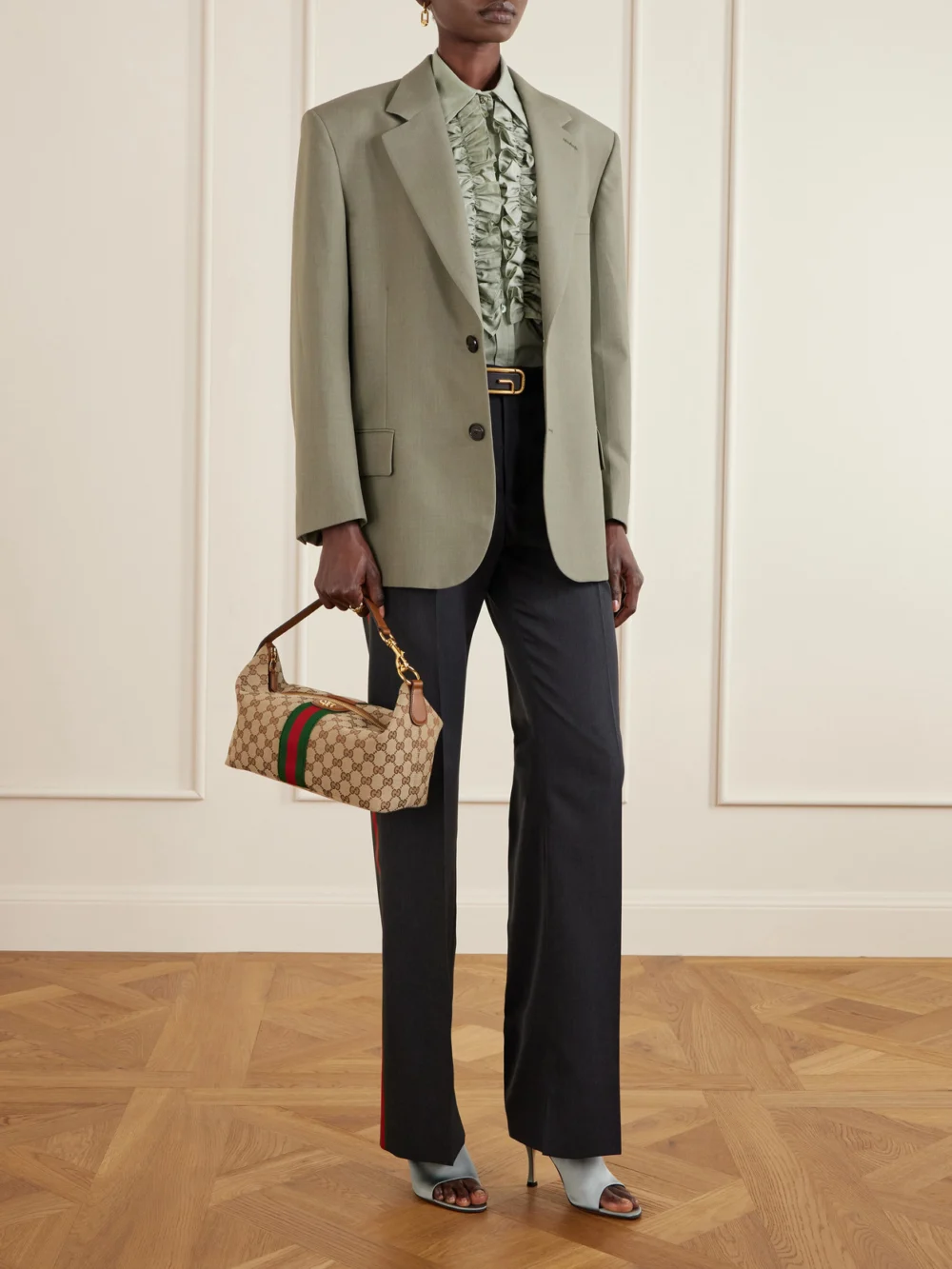 Gucci Ophidia Leather-trimmed Coated Canvas-jacquard Clutch, styled view