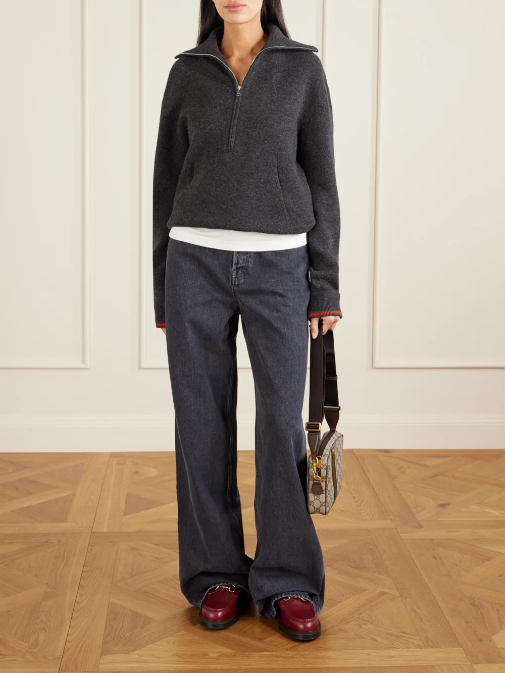 Gucci Ophidia Leather-trimmed Coated Canvas-jacquard Shoulder Bag, styled view