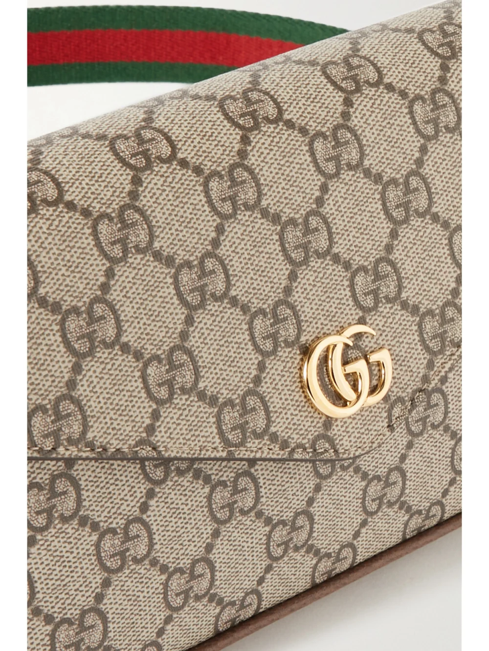 Close-up detail of the Gucci Ophidia Leather-trimmed Coated Canvas-jacquard Shoulder Bag