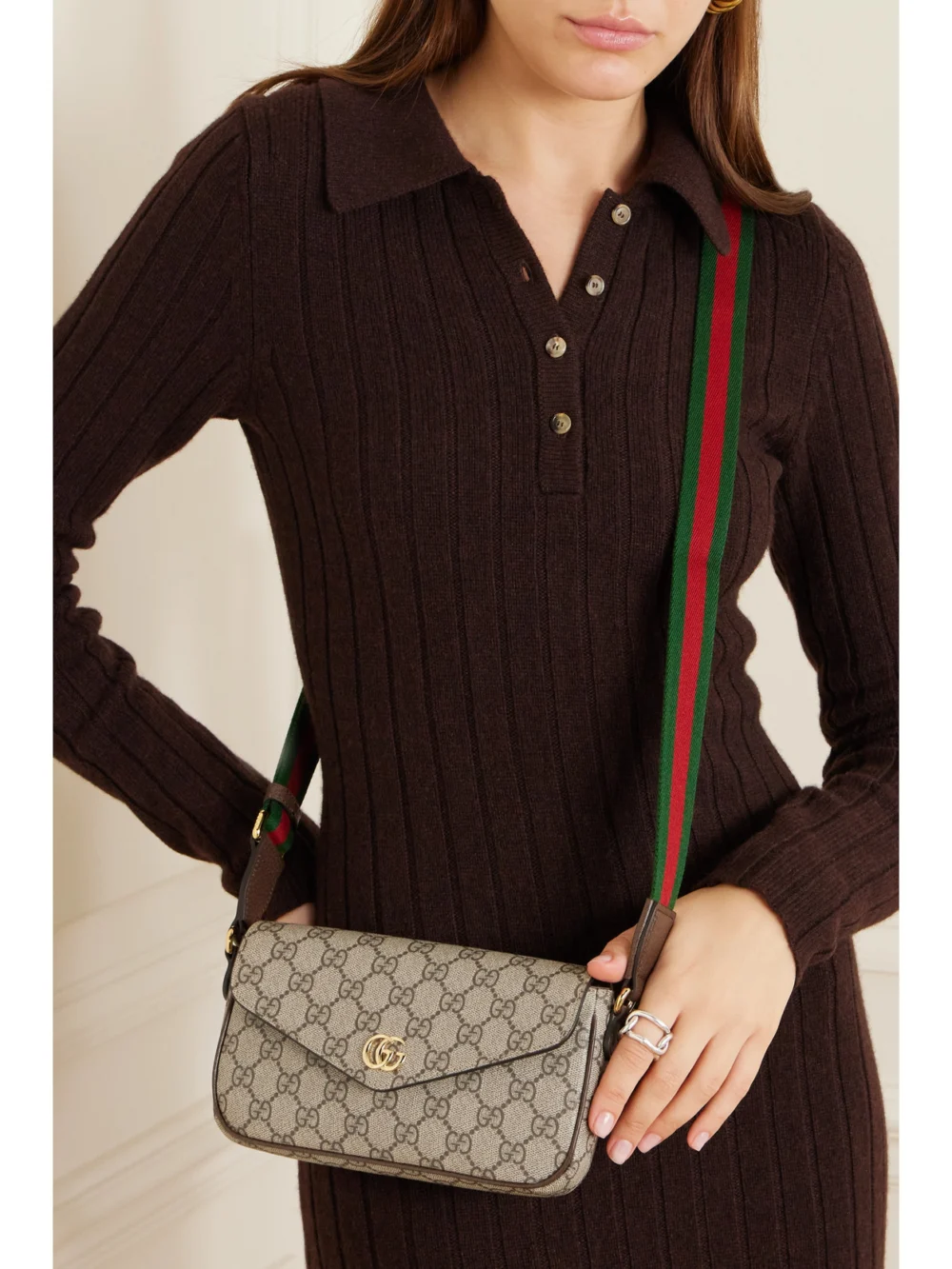 Gucci Ophidia Leather-trimmed Coated Canvas-jacquard Shoulder Bag, styled view