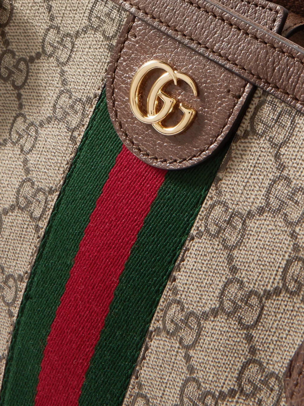 Close-up detail of the Gucci Ophidia Medium Leather-trimmed Coated Canvas-jacquard Tote