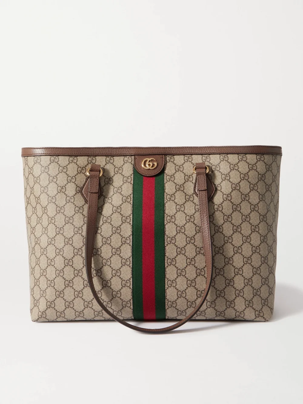Gucci Ophidia Medium Leather-trimmed Coated Canvas-jacquard Tote in brown
