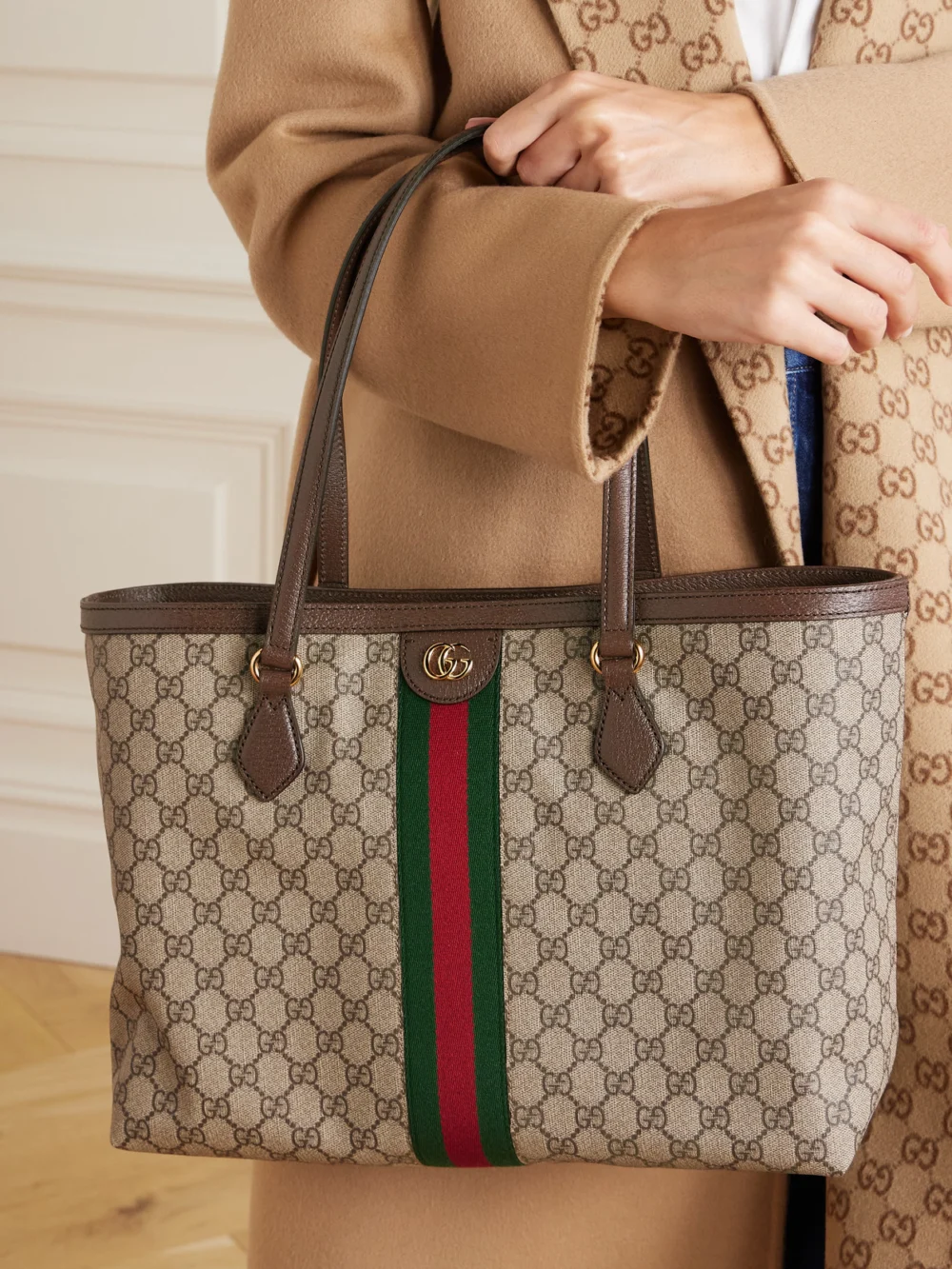 Gucci Ophidia Medium Leather-trimmed Coated Canvas-jacquard Tote, styled view