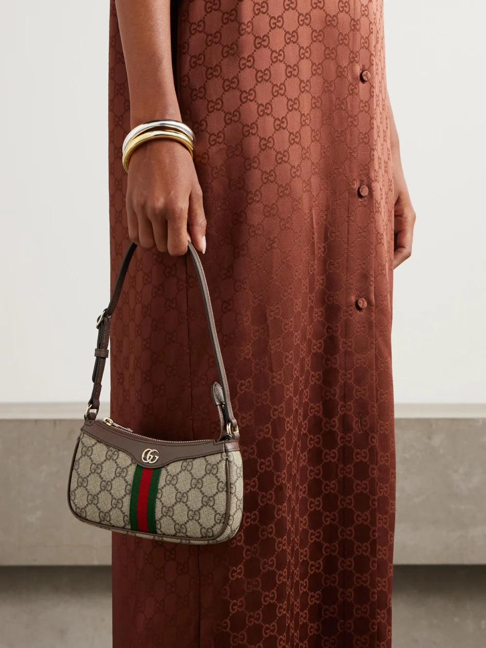 Gucci Ophidia Mini Leather-trimmed Coated Canvas-jacquard Shoulder Bag, styled view