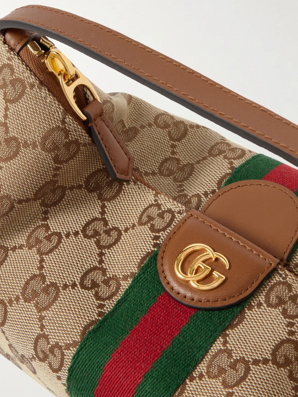 Close-up detail of the Gucci Ophidia Mini Leather-trimmed Coated Canvas-jacquard Tote