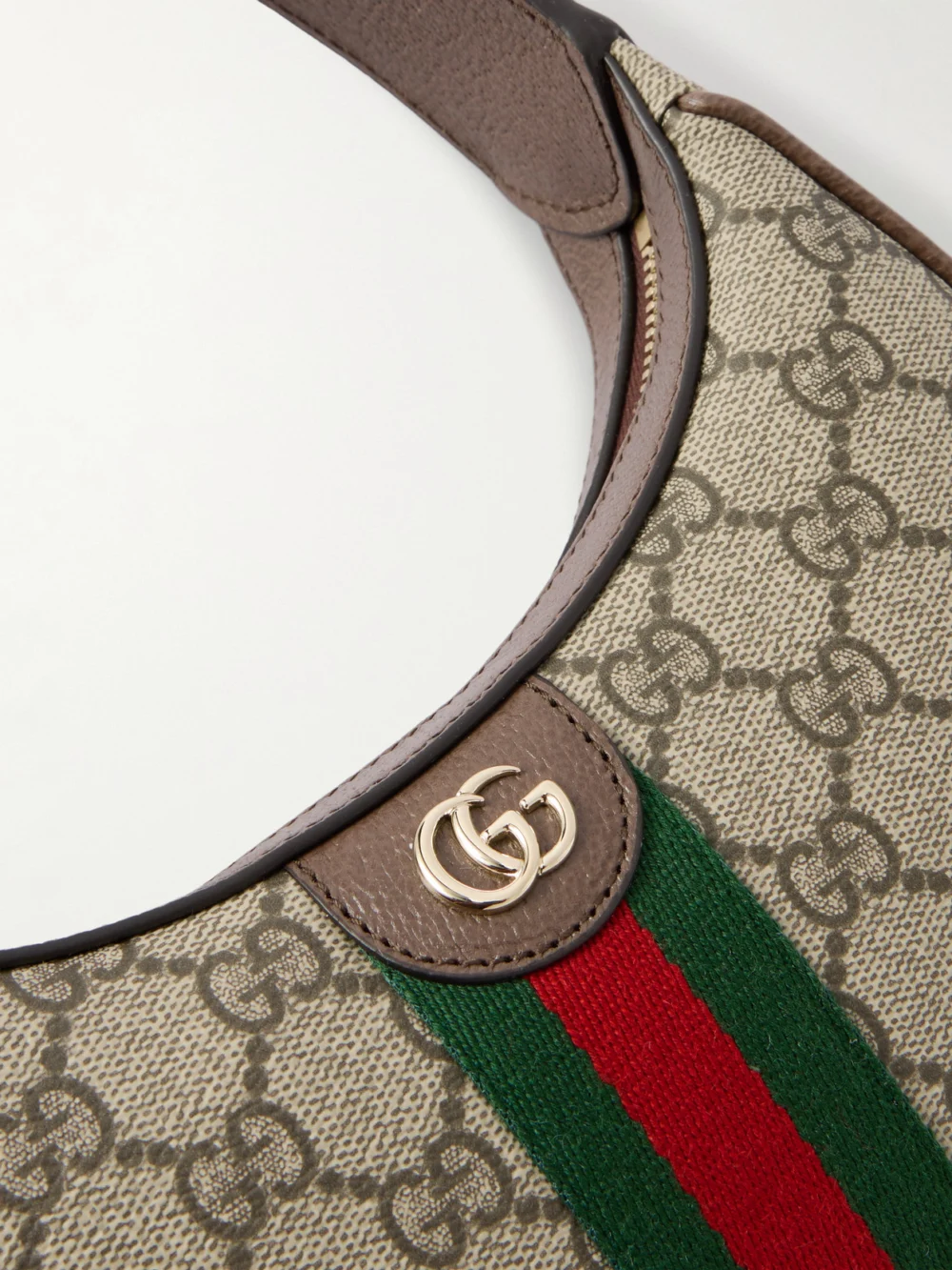 Close-up detail of the Gucci Ophidia Small Leather-trimmed Coated Canvas-jacquard Shoulder Bag