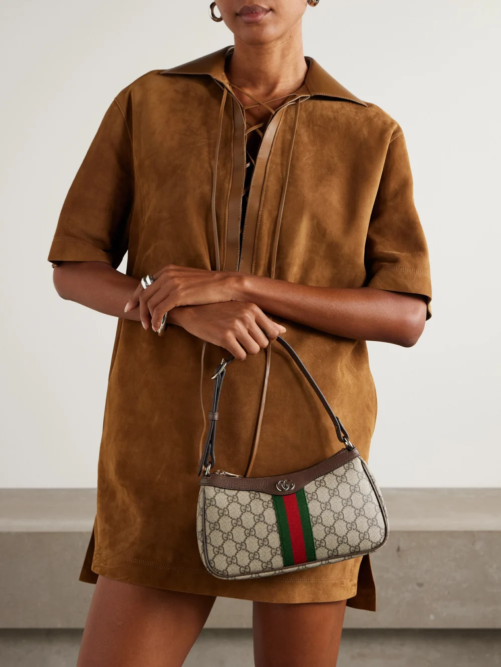 Gucci Ophidia Small Leather-trimmed Coated Canvas-jacquard Shoulder Bag, styled view