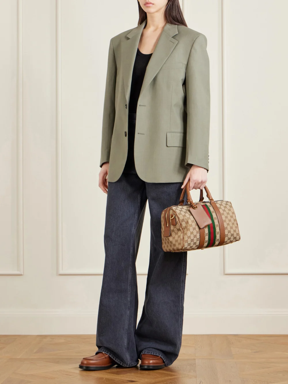 Gucci Ophidia Webbing and Leather-trimmed Canvas-jacquard Shoulder Bag, styled view