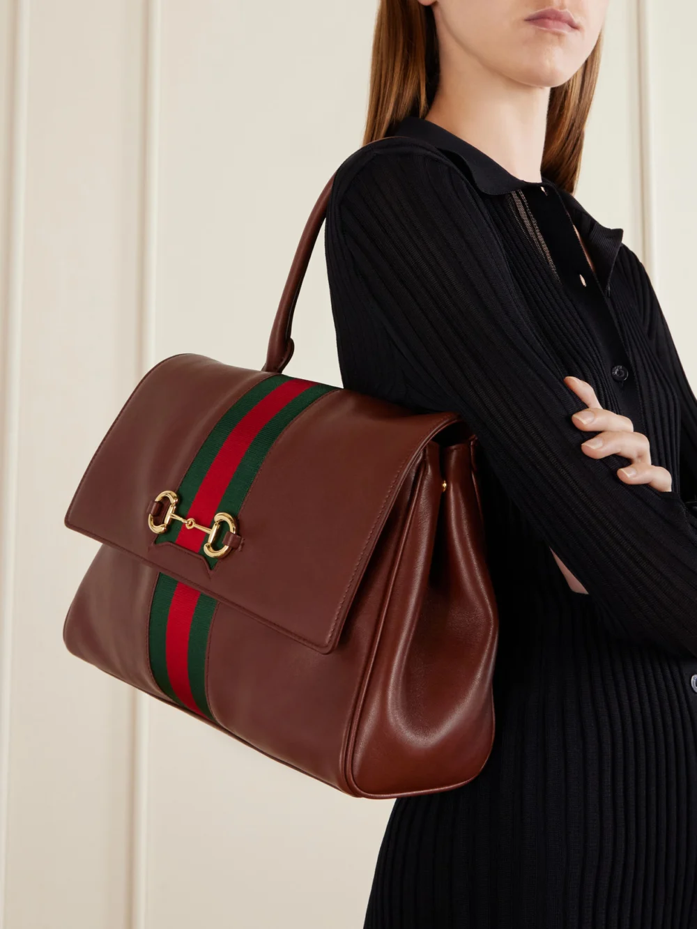 Gucci Paparazzo Medium Leather Shoulder Bag, styled view