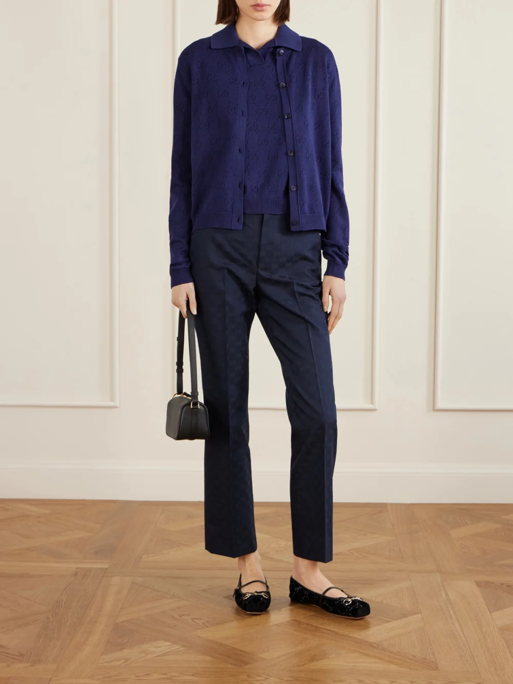 Gucci Perforated Silk and Cotton-blend Polo Top, worn by a model