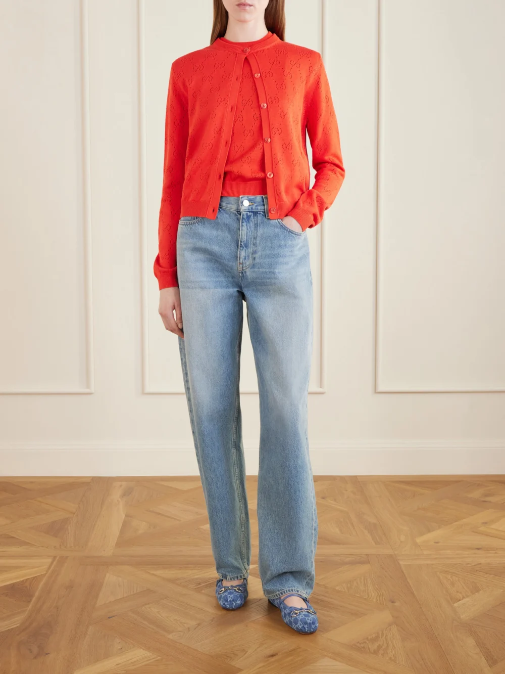 Gucci Perforated Silk and Cotton-blend Sweater, worn by a model