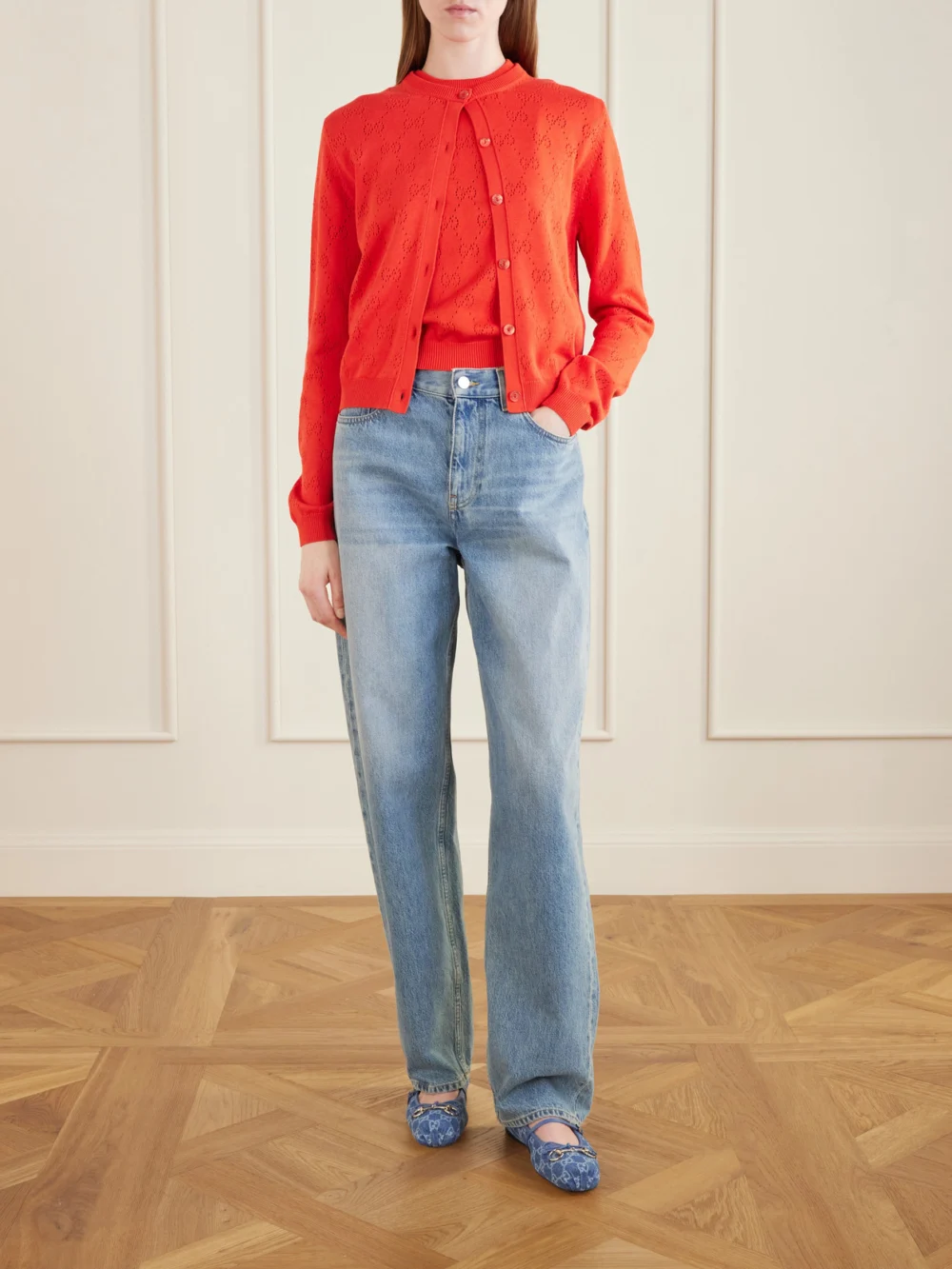 Gucci Perforated Silk-blend Cardigan, worn by a model