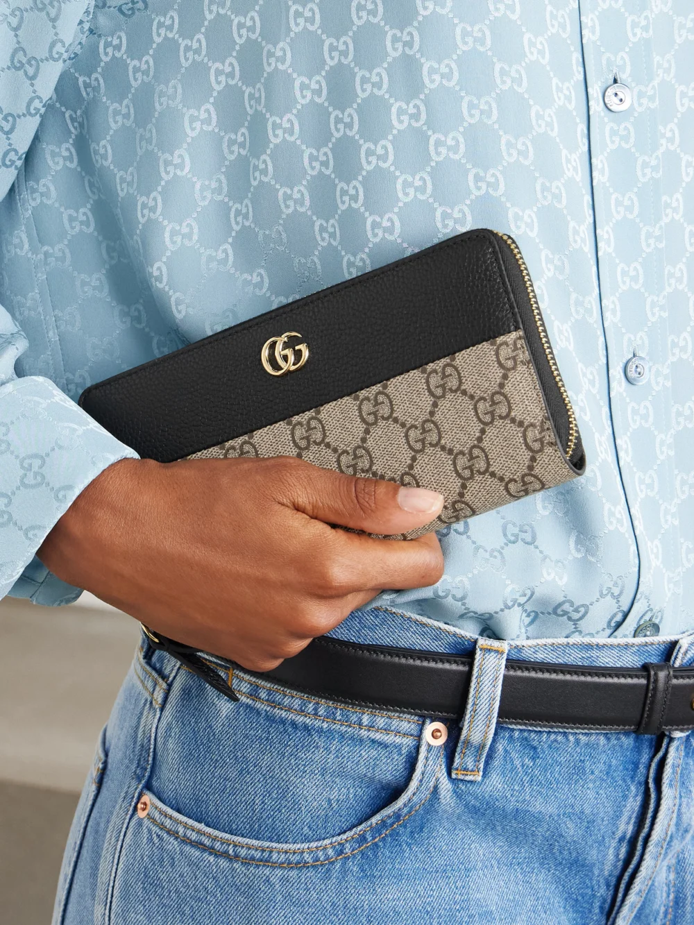 Gucci Petite Marmont Textured Leather-trimmed Printed Coated-canvas Wallet, styled view