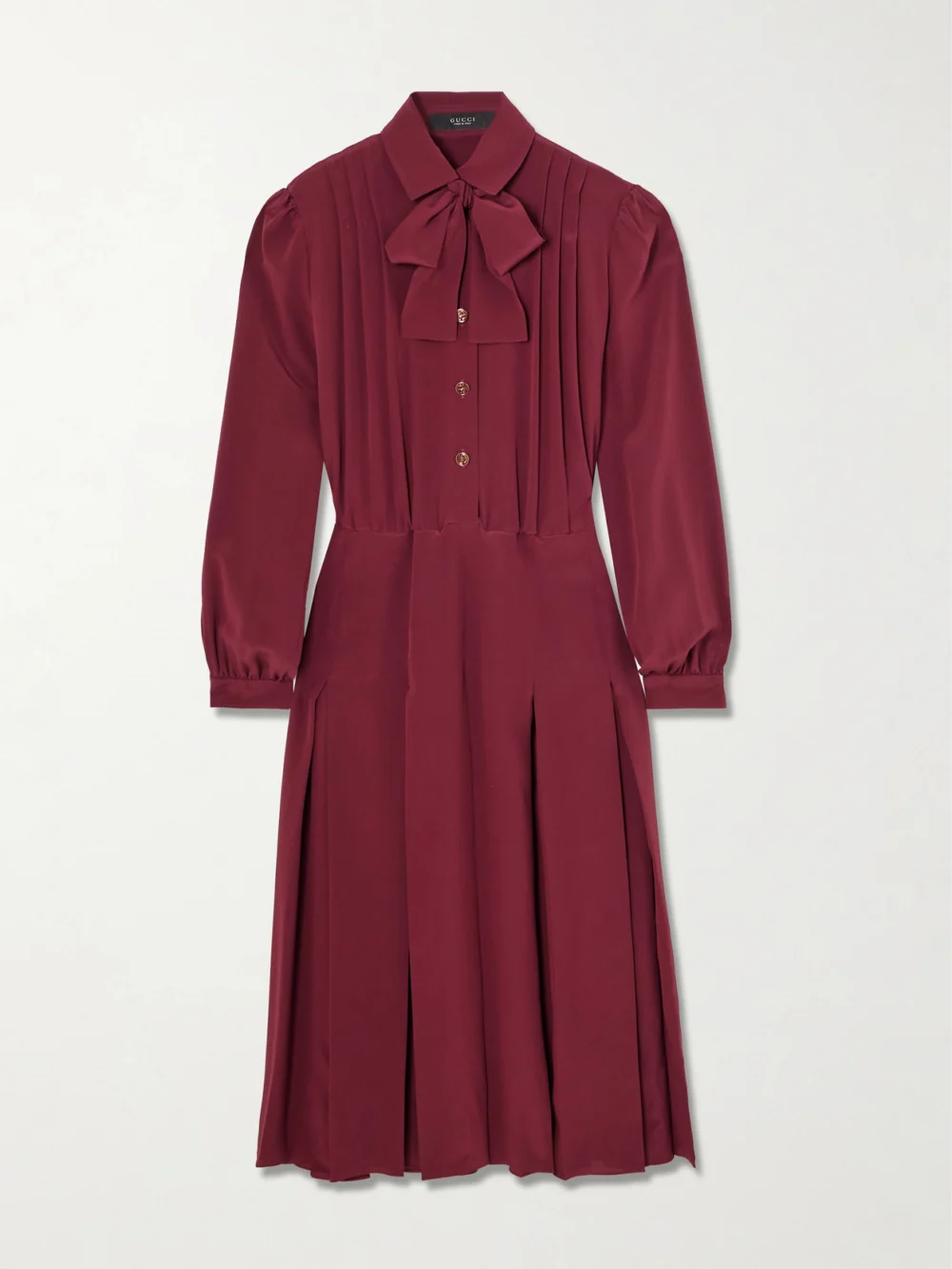Gucci Pintucked Bow-detailed Silk Crepe De Chine Midi Shirt Dress in burgundy