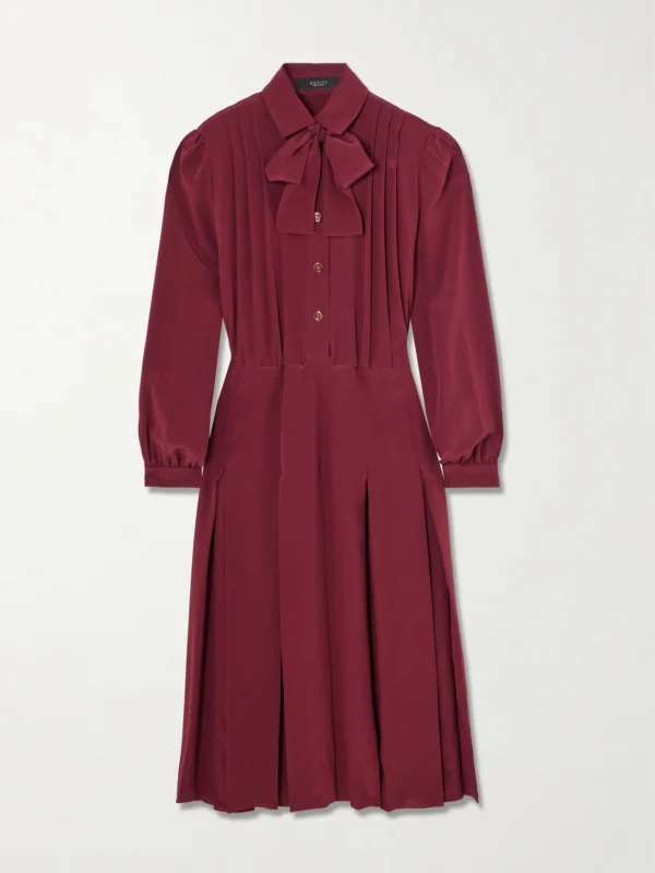 Gucci Pintucked Bow-detailed Silk Crepe De Chine Midi Shirt Dress