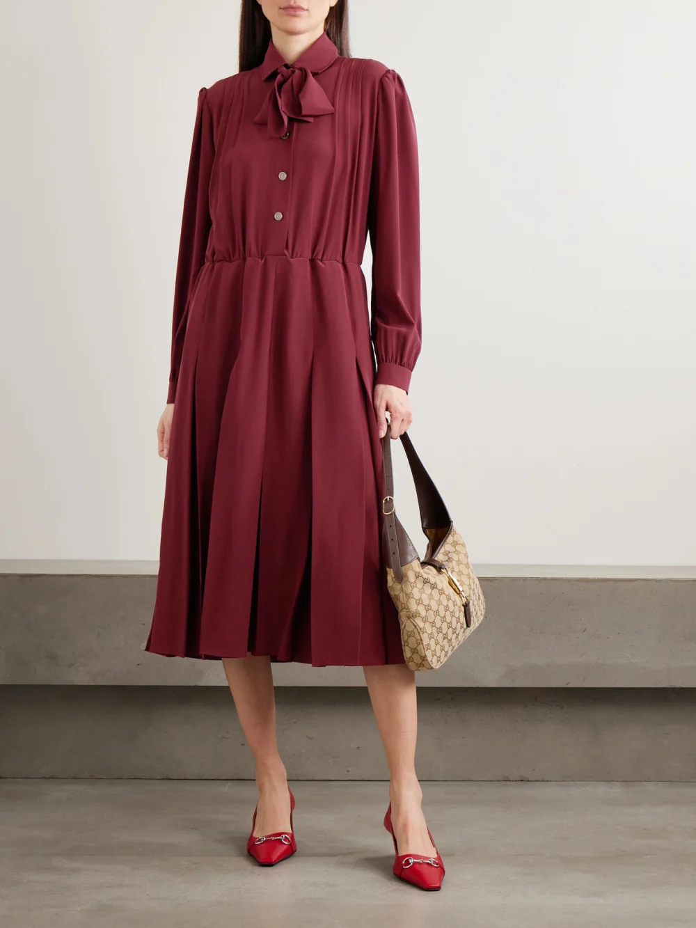 Gucci Pintucked Bow-detailed Silk Crepe De Chine Midi Shirt Dress, worn by a model