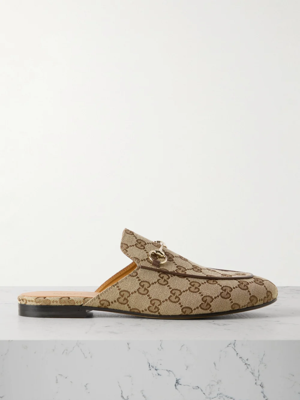 Gucci Princetown Horsebit-detailed Leather-trimmed Canvas-jacquard Slippers in beige