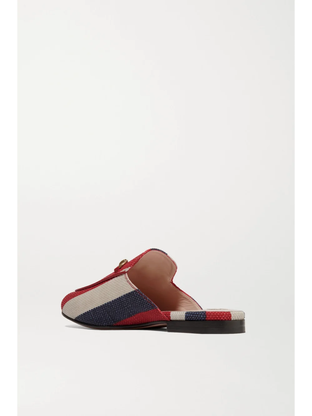 Back view of the Gucci Princetown Horsebit-detailed Striped Canvas Slippers