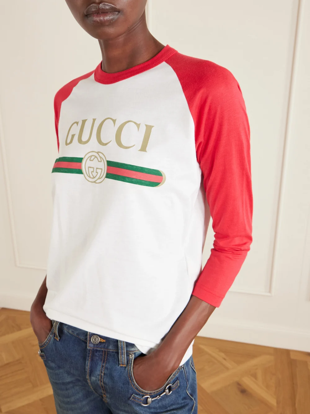 Close-up detail of the Gucci Printed Cotton-blend Jersey T-shirt