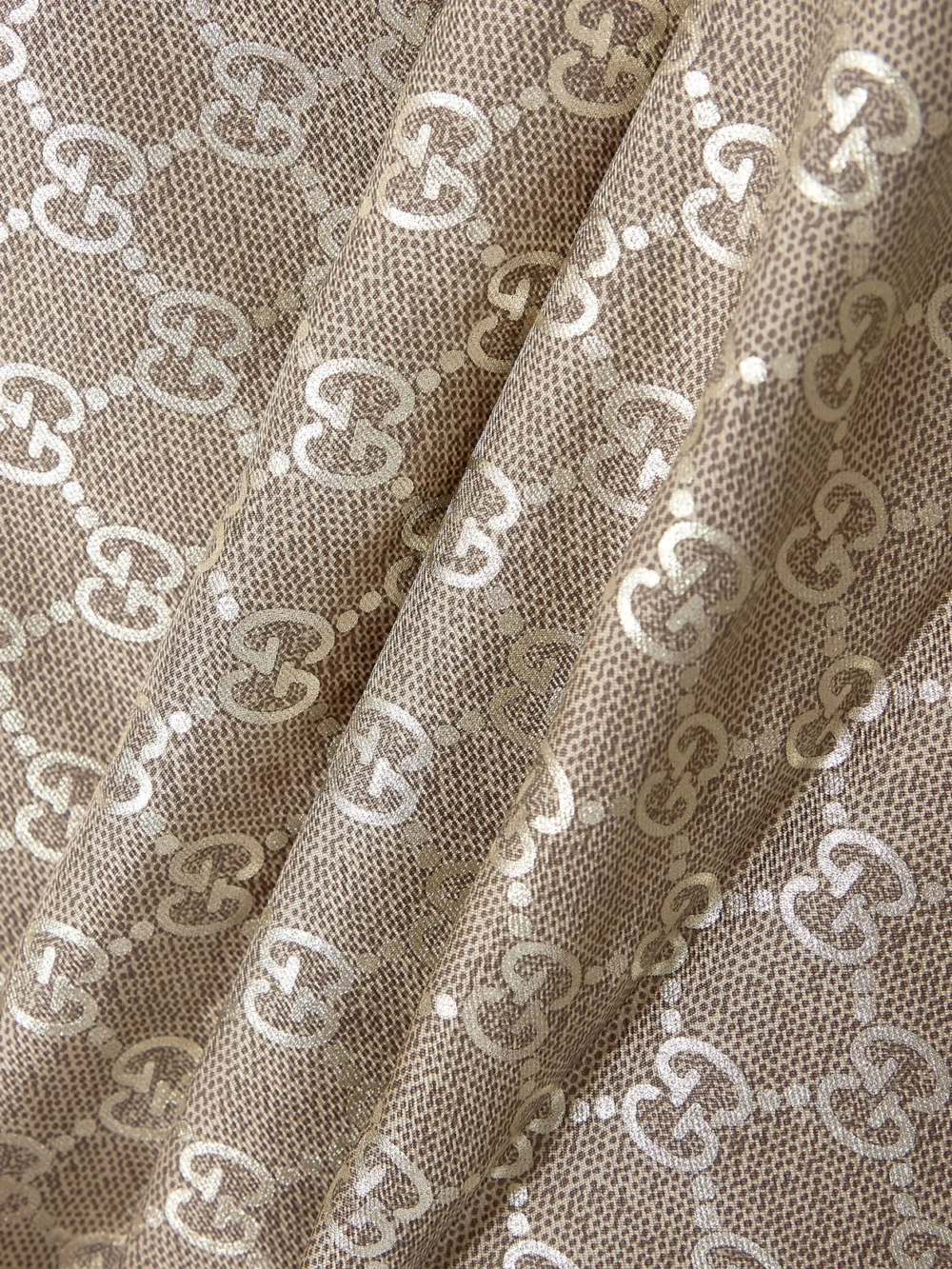 Close-up detail of the Gucci Printed Metallic Silk-twill Scarf
