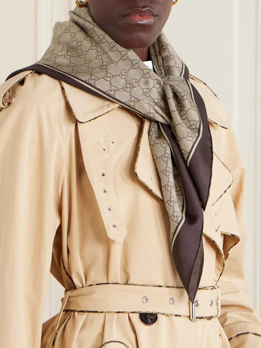 Gucci Printed Metallic Silk-twill Scarf, styled view